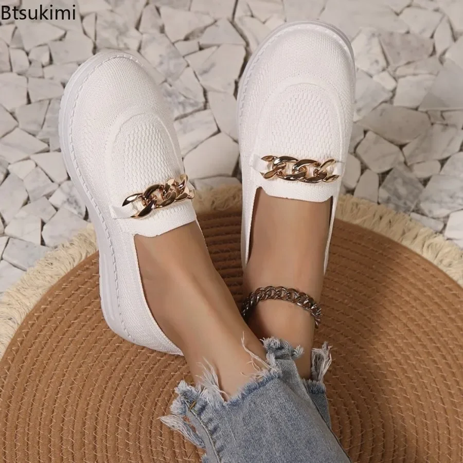 

2025 Women's Chain Decor Flats Fashion Round Toe Shallow Loafers Casual Shoes Breathable Comfy Sneakers New Ladies Walking Shoes