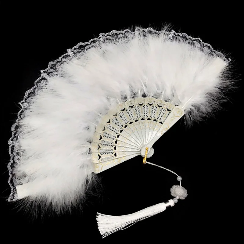 Vintage Lolita Lace Feather Fan Soft Fluffy Folding Fans With Tassels Dance Hand Fans Cosplay Stage Prop Home Party Decorations