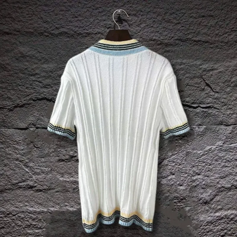 25ss Men Women Sweater Striped Print Tshirts Flip Collar Pearl Half Button Embroidered Logo Knitting Short Sleeve Shirts Tops