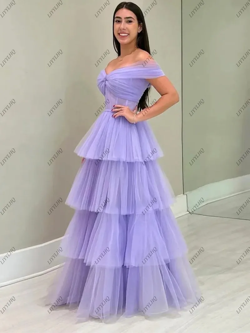 LIYYLHQ Purple Prom Dresses For Women Ruched Tiered Layer Off the Shoulder Tulle Floor Length A-Line Formal Evening Party Dress