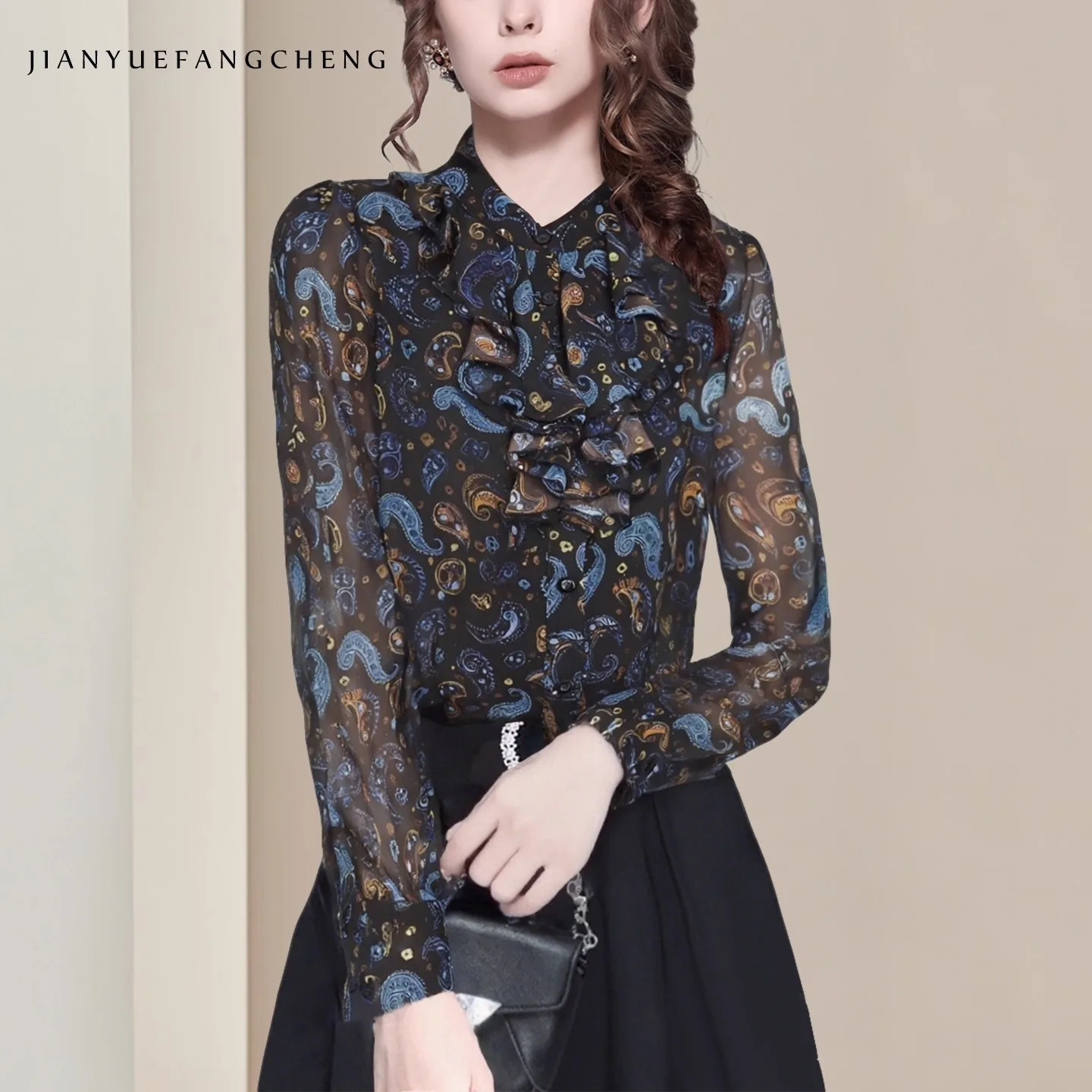 

Fashion Paisley Printed Chiffon Blouse Women' Long Sleeve Crew-neck Ruffles Tops Loose-fitting Casual Lightweight Buttons Shirts