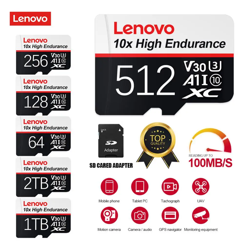 Lenovo Class 10 Memory Card 128GB 512GB 256GB Micro TF Card 64GB 256GB 1TB SDCS2 100MB/S Reading SD Speed Flash Card For Tablet