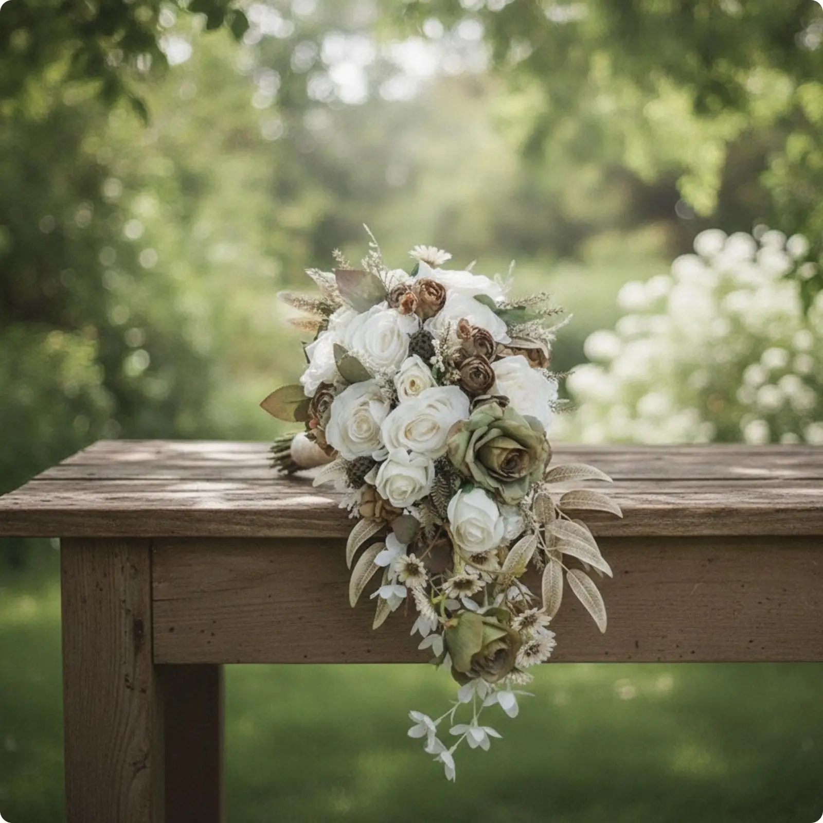 Cascading Bridal Bouquet Ready to Use Faux Flower Bridal Bouquet with Trailing Greenery Dimensional for Brides, Outdoor