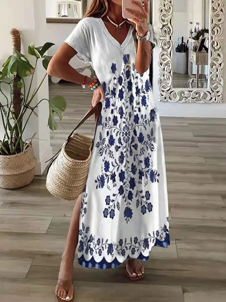 Chic t-shirt Style stampato Maxi Dress donna girocollo abiti a maniche corte abiti estivi Casual da vacanza