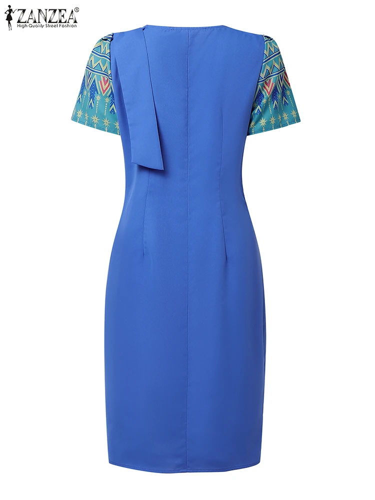 ชุดเดรสทรงดินสอพิมพ์ลาย ZANZEA รุ่น Elegant Sheath สำหรับงานปาร์ตี้ ฤดูร้อน แขนพอง ทรงเข้ารูป ปี 2025 ดีไซน์ทันสมัย แต่งผ้าแบบ Patchwork