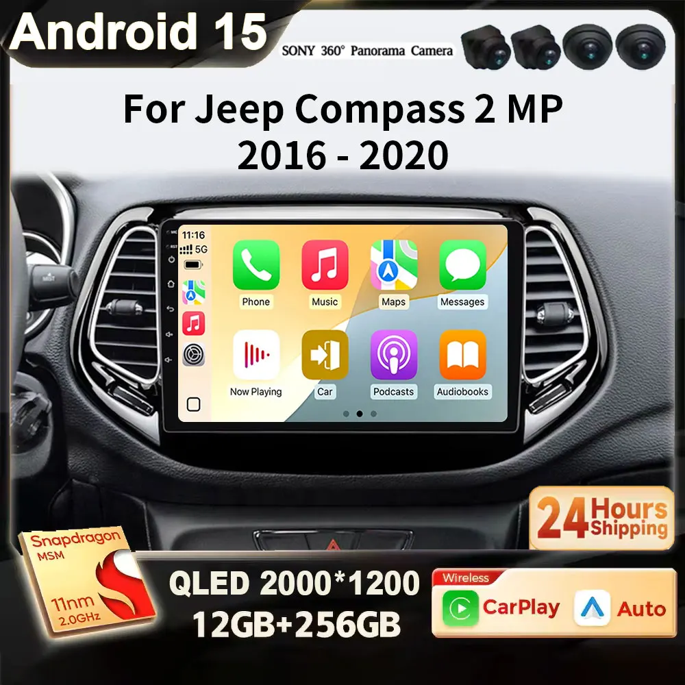 For Jeep Compass 2 MP 2016 2017 2018-2020 Android 15 Wireless Carplay e Auto WIFI 4G autoradio lettore Video multimediale Stereo