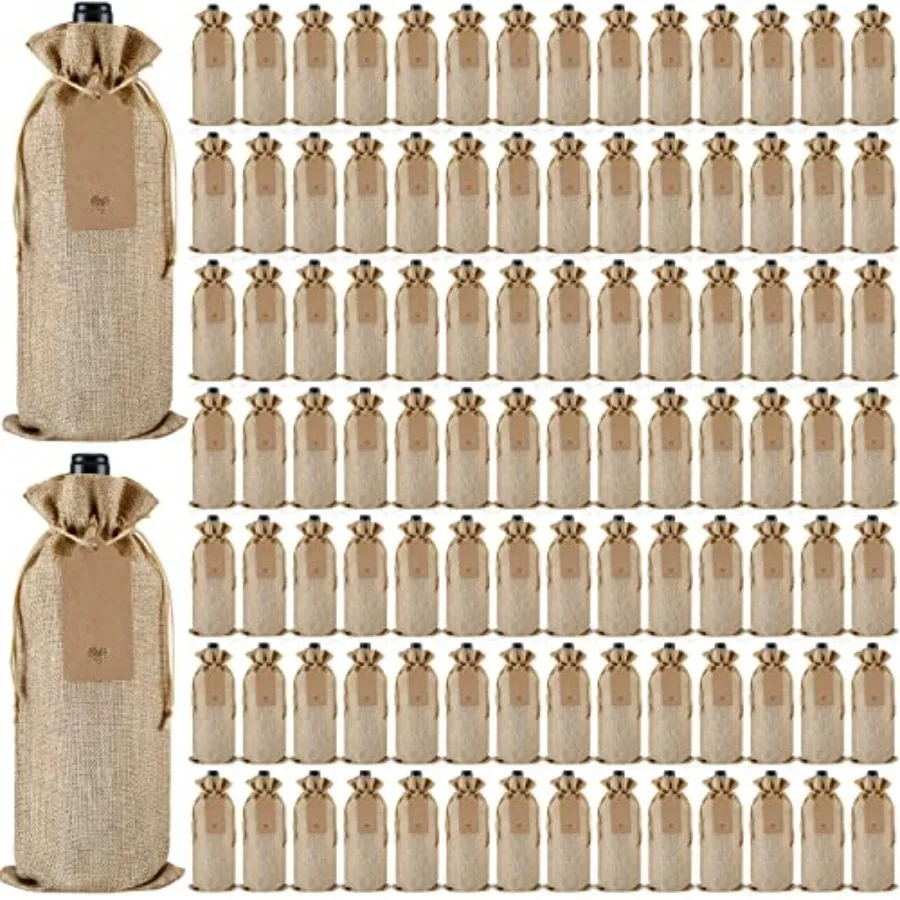 

100Pcs Burlap Wine Bags Drawstring Wine Bottle Gift Sacks with Tags 5.9 x 13.8 Inch Jute Burlap Plain Wine Bags for Wedding Bir