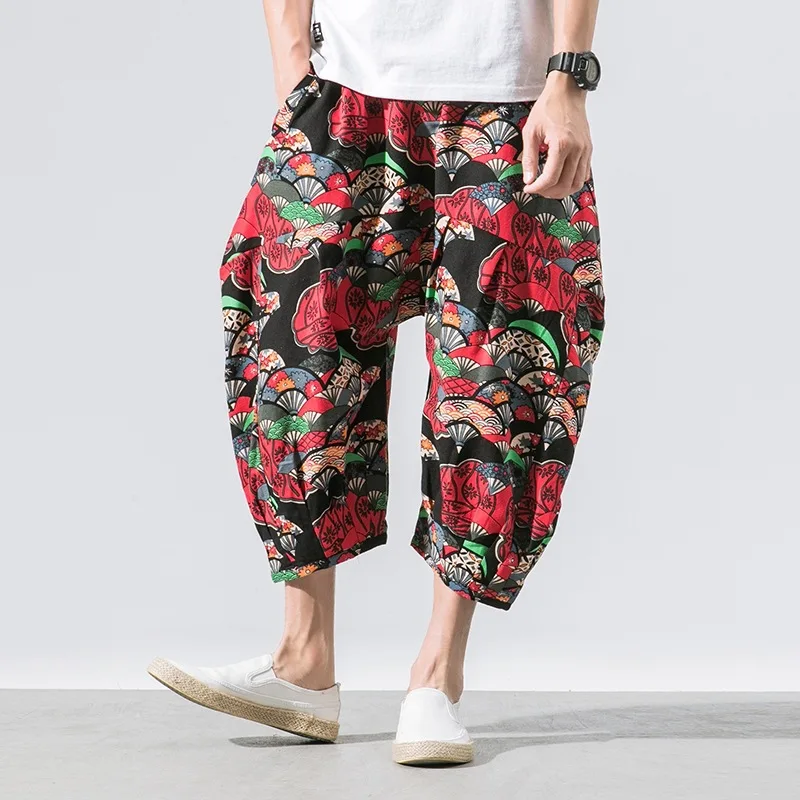 

Japanese Retro Printed Cropped Pants For Men 2026 Summer New Casual Fashionable Beach Style Loose Calf-Length Harem Trousers