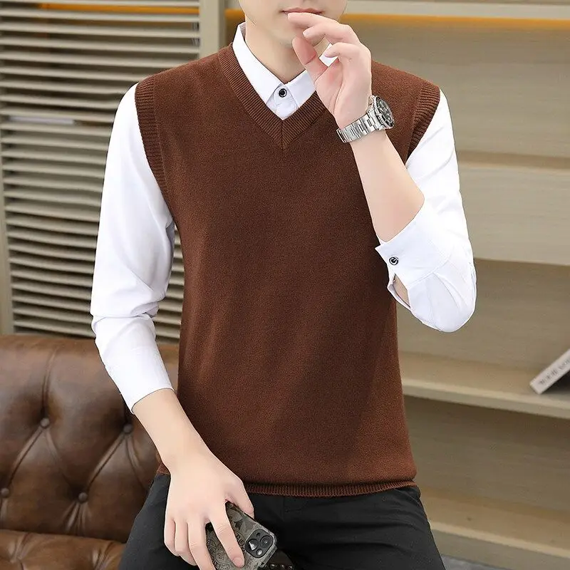Chaleco de punto sin mangas con cuello en V para hombre, jersey ajustado de estilo coreano, versátil para jóvenes, otoño e invierno