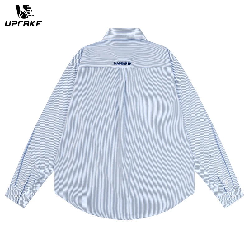 UPRAKF Shirts Collar Casual Ins Streetwear Autumn Long Sleeve Oversize Button Up Tops Korean Style Outwear Blue