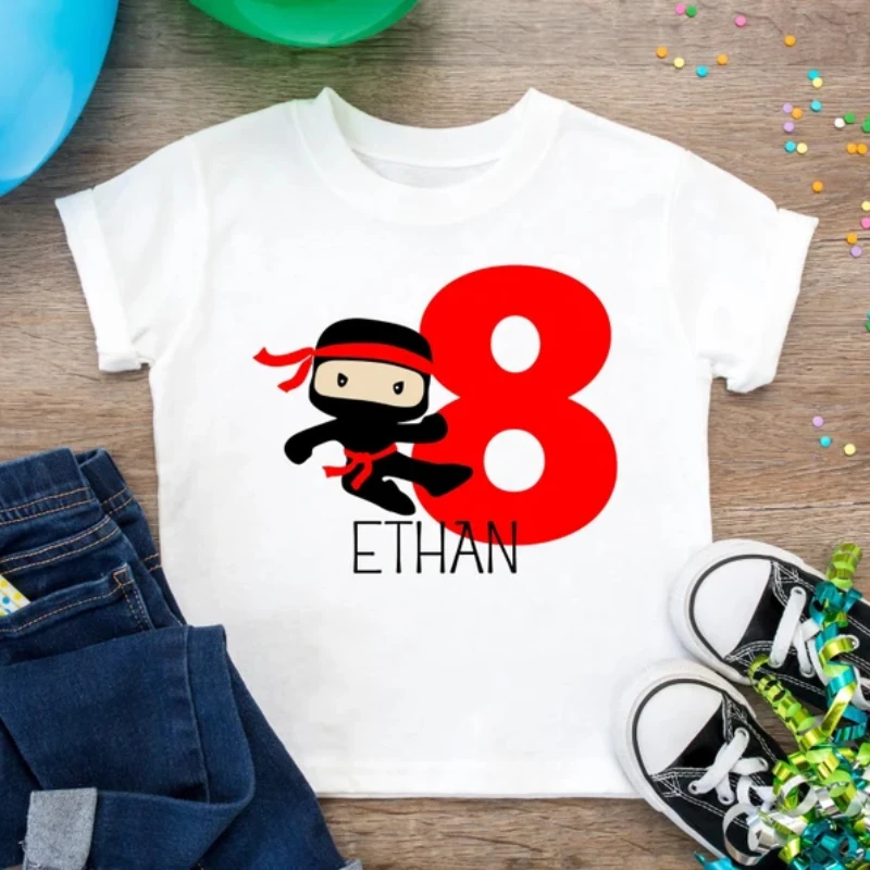 1-9th Personlized Color Nuberm Name Ninja Theme Kids Birthday White Shirt Custom Birthday Gifts Birthday Family Party Decoration