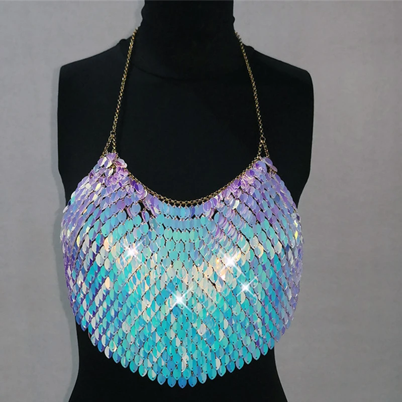 Sexy Mode Zeegezicht Camis Bling Lovertjes Vrouwen Tank Top Halter Backless Mouwloze Crop Tops Sexy Dames Rave Festival Party