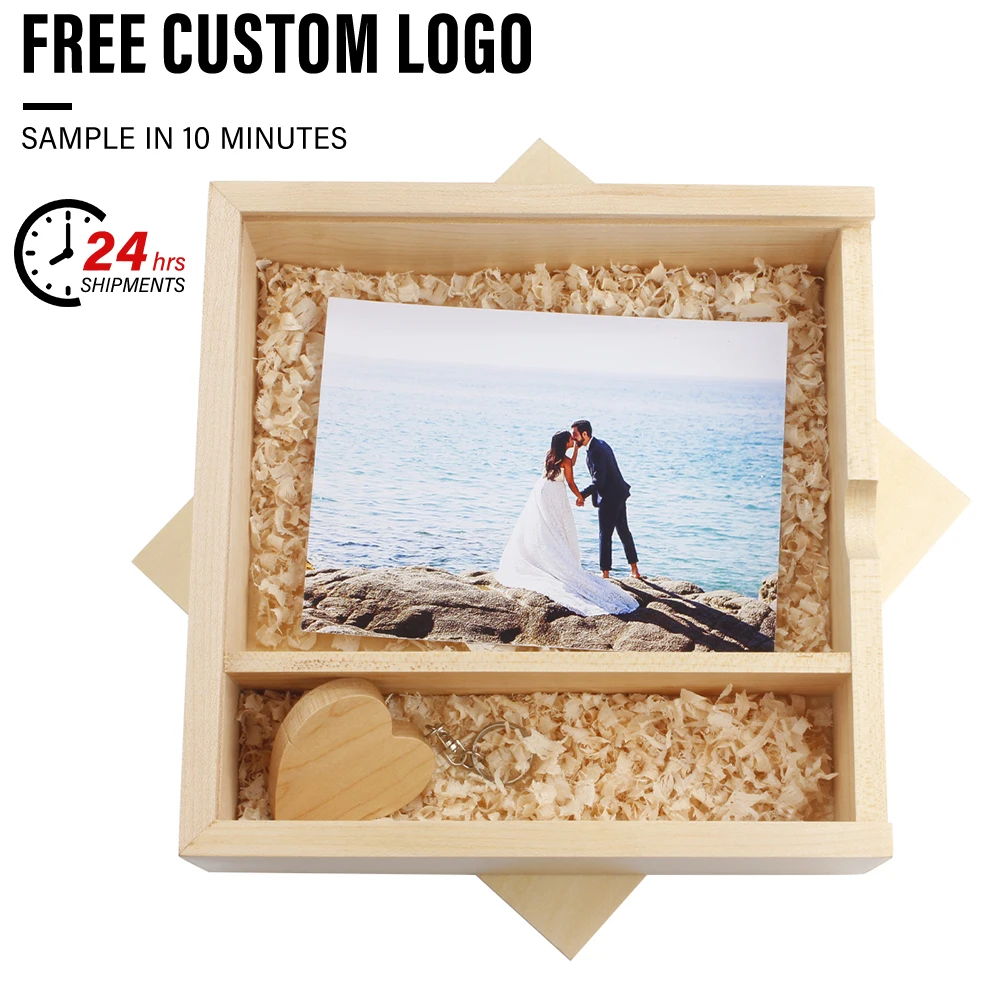 Wooden USB Flash Drive 128GB Free Custom Logo Pen Drive 64GB Photo Album Box Memory Stick 32GB Wedding Souvenirs Pendrive 16G 8G