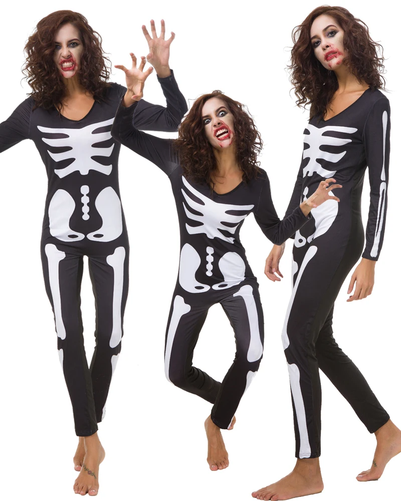 Kostum zombie horor cetak kerangka karnaval Halloween, kostum hantu tengkorak, jumpsuit tengkorak bermain peran, kostum cetak 3D