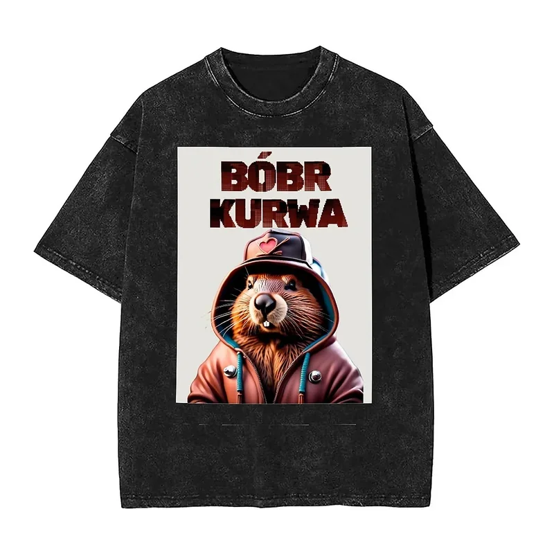 Mens T shirt Bobr Kurwa wearing a snapback washed T-shirts trendy cool fun animal summer tees Y2K retro custom logo casual tops