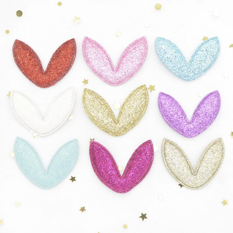 40Pcs 38*30mm Glitter Fabric Rabbits Ears Applique Padded Patches for DIY Hair Hoop, Clips, Band, Headdress, Hairdress Decor