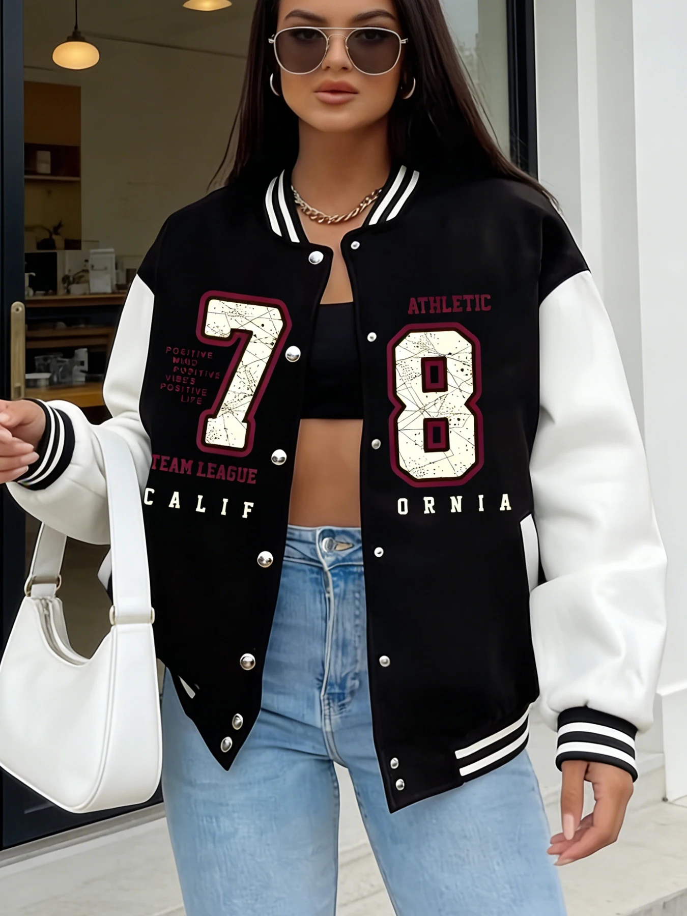 

Women's Oversized Baseball Jacket 78 Number California Team League Print Casual Varsity Coat Streetwear Outerwear Trendy Jackets