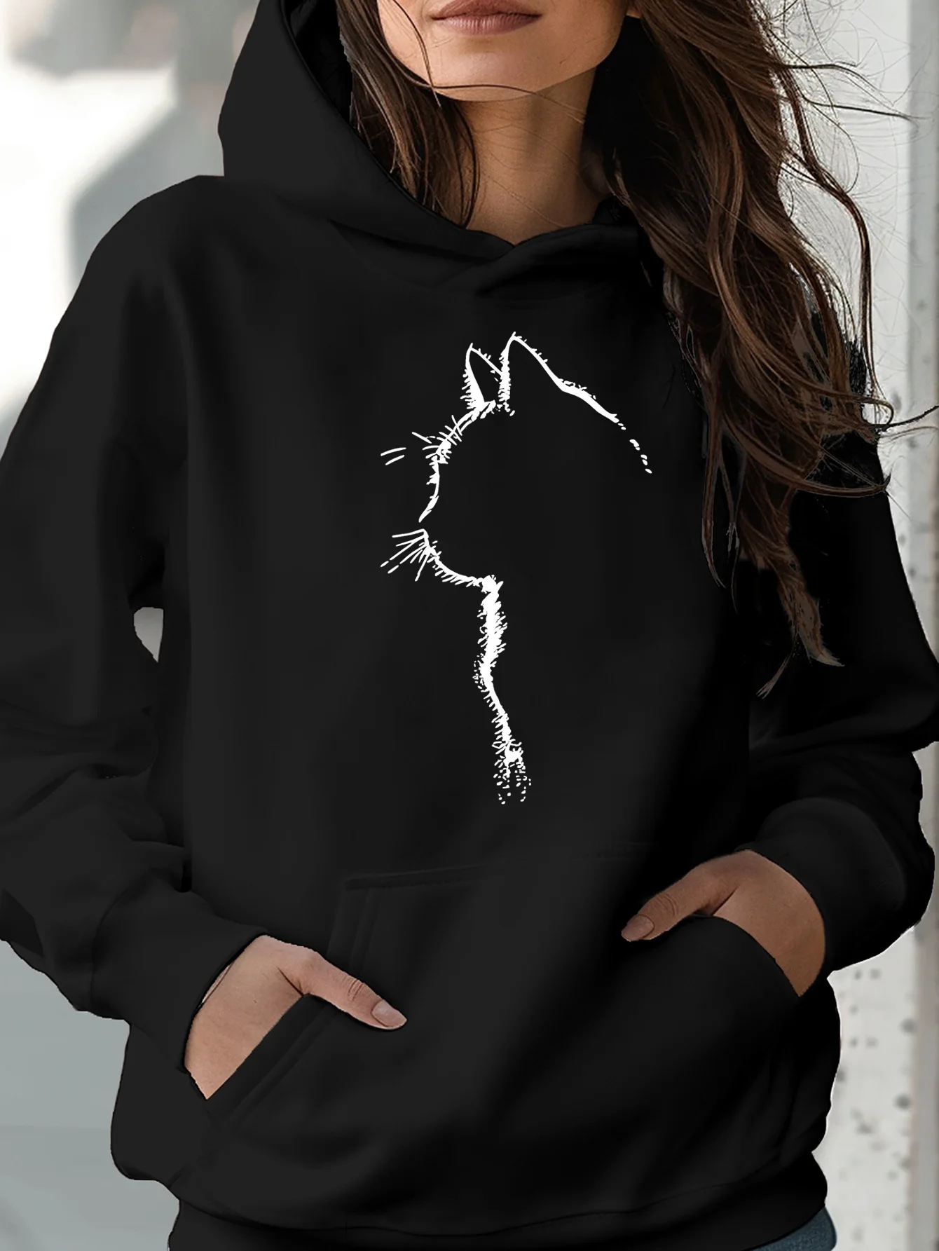 

Women's Black Cat Print Hoodie Sweatshirt Long Sleeve Sweatshirt Pullover Tops Streetwear Fashion Casual Autumn Winter Clothing