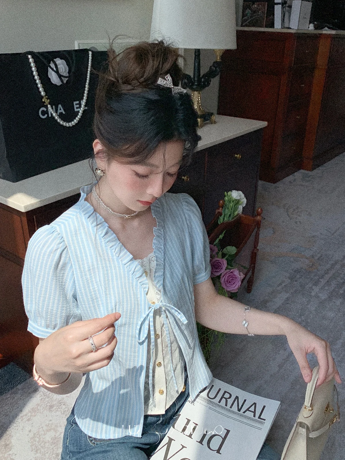 

Синяя женская летняя рубашка с коротким рукавом во французском стиле, свободного кроя, с рукавами-фонариками, имитация двухслойности, дышащий повседневный топ в голландском стиле