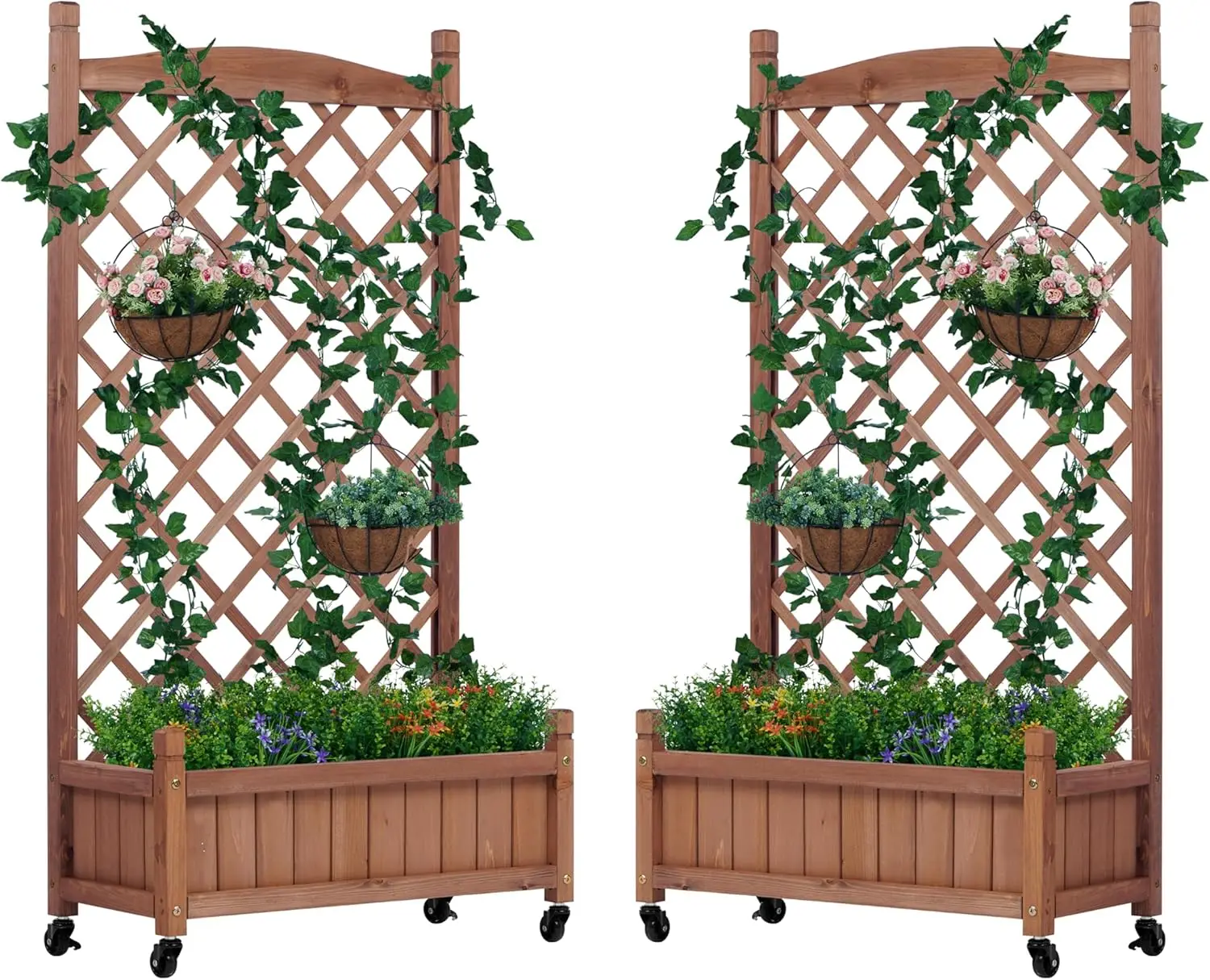 

Raised Garden Bed with Trellies Set of 2, Outdoor Wood Planter Box & Plant Stand with Climbing Racks