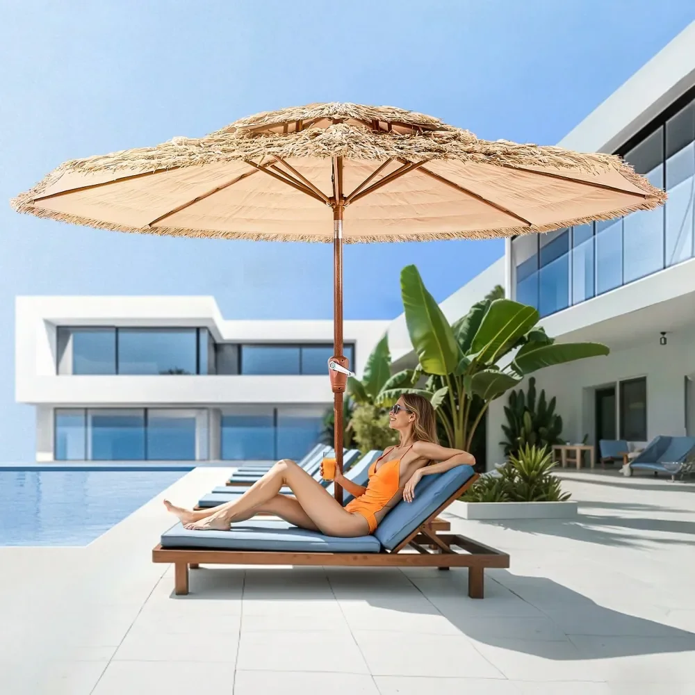 

Umbrella, 9 Ft Thatched Patio Umbrella With Tilt, 2Tier Hawaiian Style Beach Parasol With PP Thatch And 8 Metal Ribs, Grass Poo