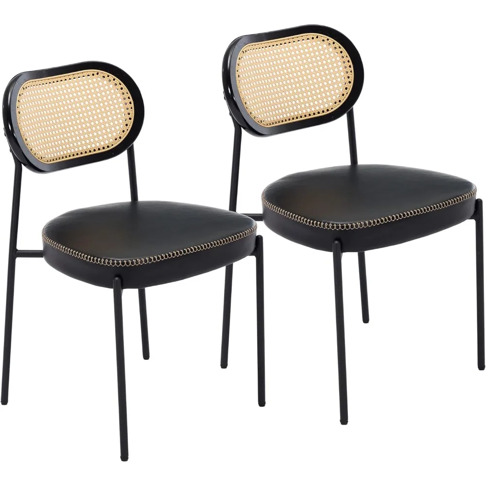 Rattan Dining Chairs Set of 2, Black Leather Upholstered Dining Chairs with Rattan Cane Back, Mid Century Modern Dining Room
