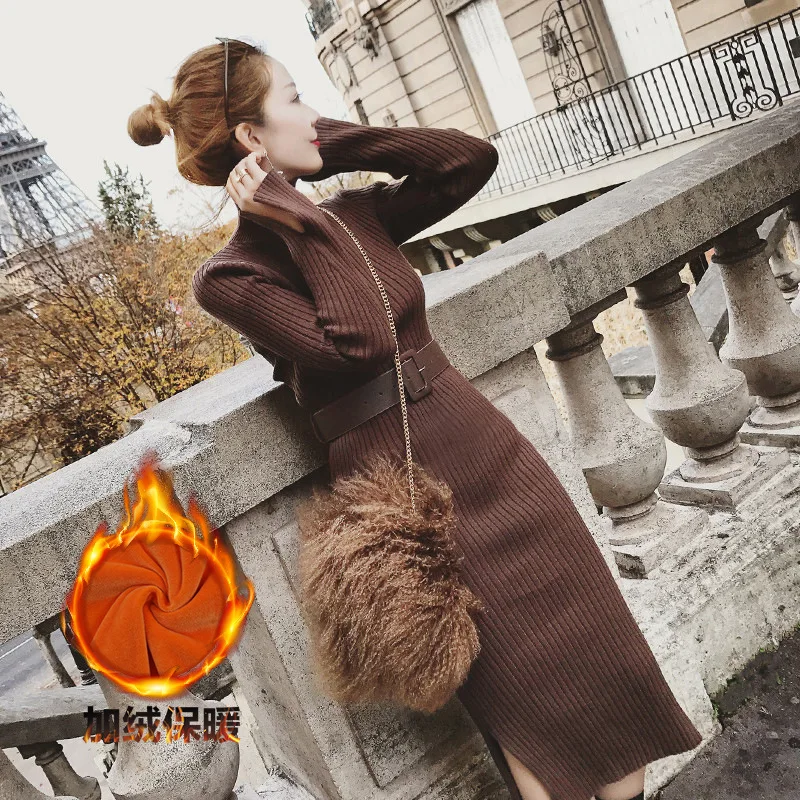 Autumn and Winter Women's Mid-Length Sweater Skirt Knitted Pullover Dress [Common Style   Fleece-lined]