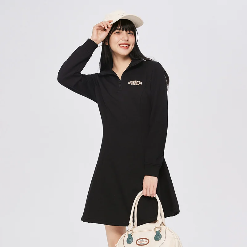 Semir Dress Women Polar Fleece Embroidery 2023 Winter New Stand-Up Collar Casual All-Match Dress