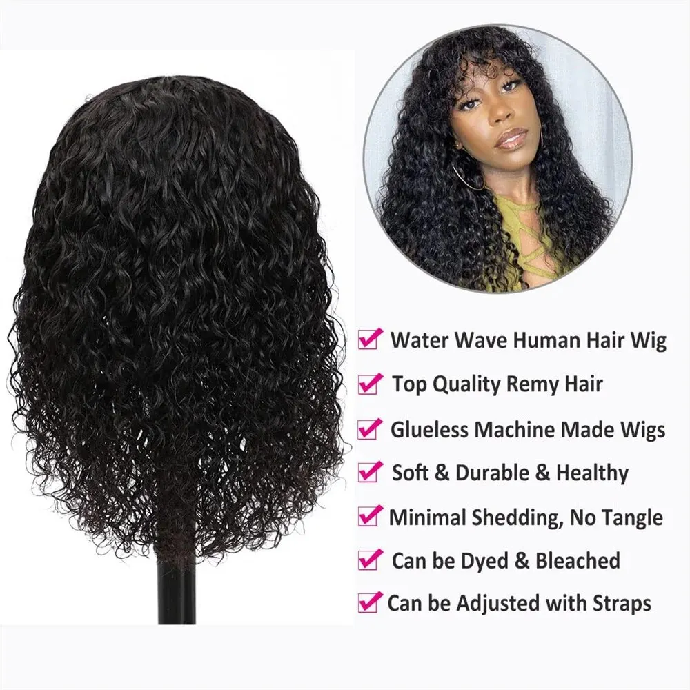 Peruca Remy Curly Brasileira com Franja para Mulheres, Perucas de Cabelo Humano, Onda de Água, Máquina Completa Feita, Sem Renda, Franja