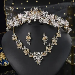 Luxury Alloy Flower Sparkling Crystal Crown Necklace & Earrings Set Delicate Jewelry Hair Accessories Festive Wedding Headpieces