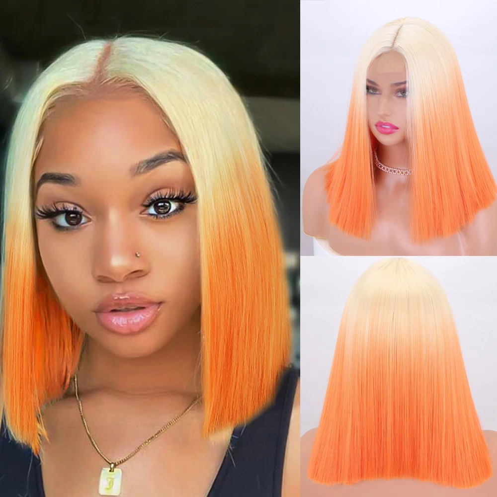 Ombre Orange Short Straight Synthetic Wigs Front Lace Hair Wig For Women Heat Resistant Comfortable Daily Wear Synthetic Wig