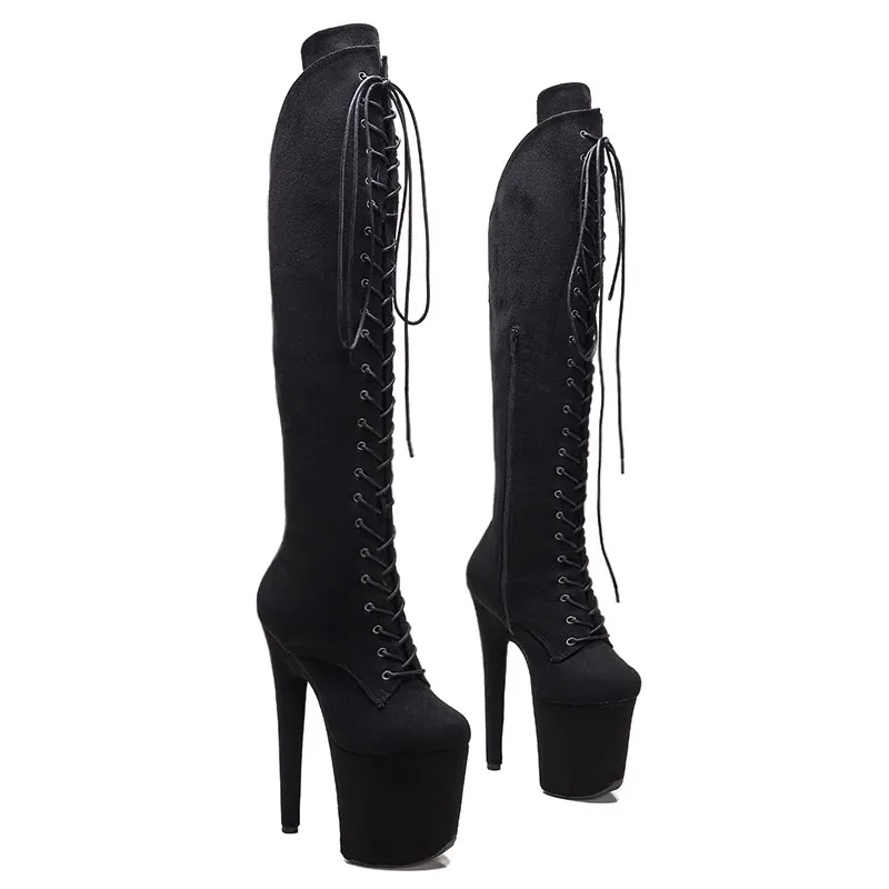 

New Fashion Flock Upper Sexy Exotic Pole Dancing Shoes 20CM/8inches High Heel Platform Women's Modern Knee-High Boots 012