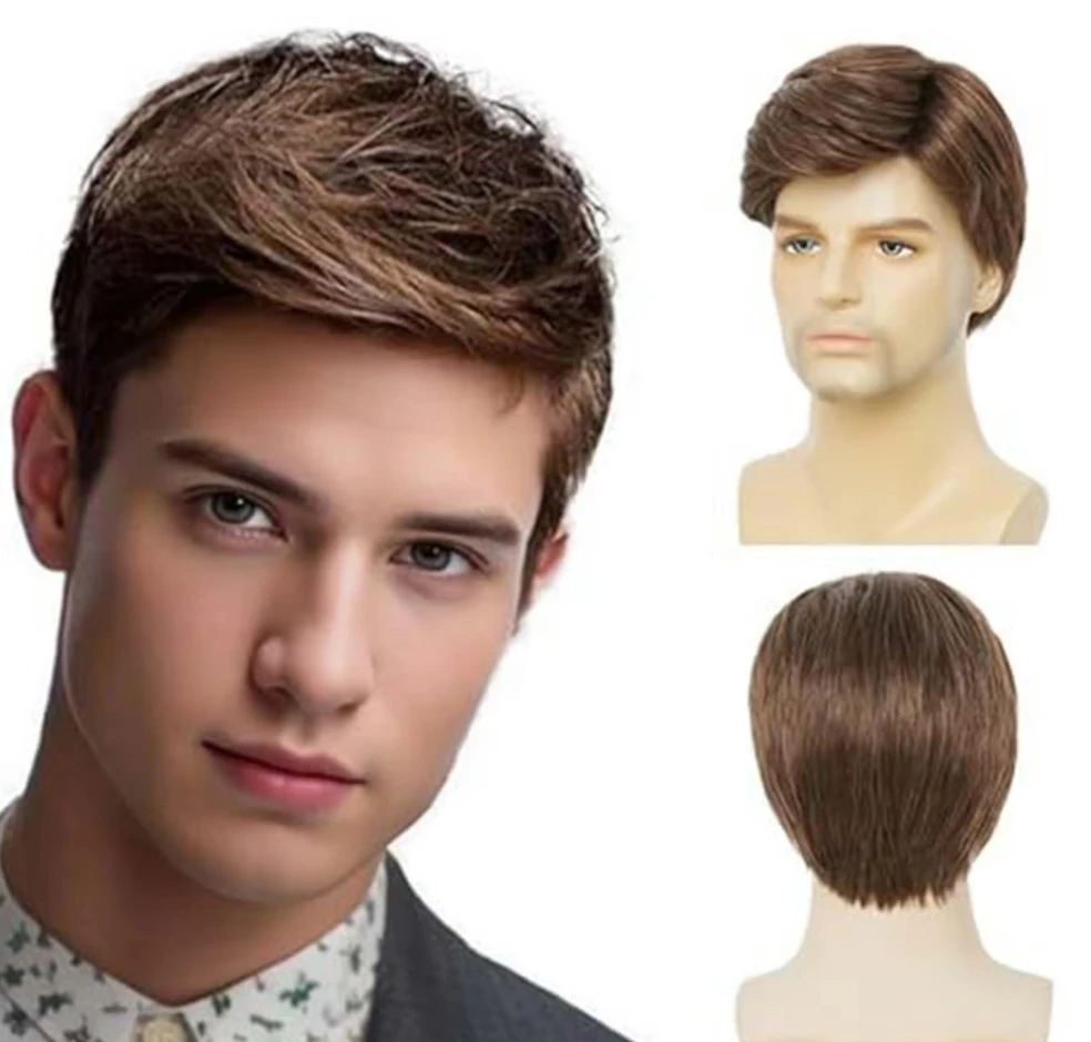 

Synthetic Brown Wig Short Wig with Bangs for Men Businessman Hairstyles Straight Wigs Male Cosplay Daddy Wig Gifts Costume