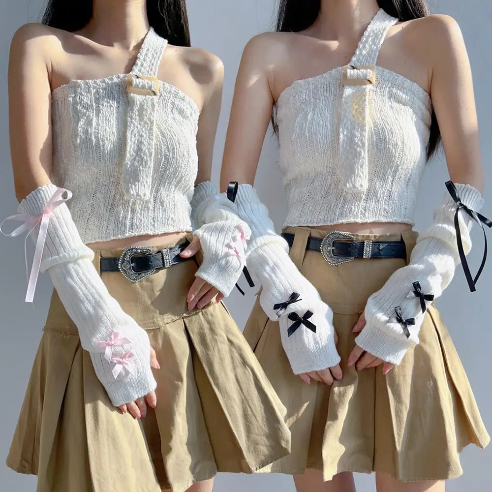 

Sweet Half Finger Knitted Gloves Women Supplies Useful Arm Warmers Fashion Bow Decor Solid Color Soft Cuffs Thicken Warm Sleeves