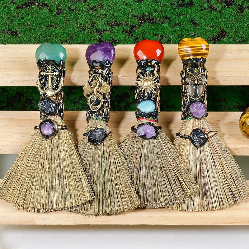 ​​​​​​​Handmade Mini Witch Broom Natural Amethyst Crystal Heart Halloween Magic Broomstick Decor Room Ornament Spiritual Gift