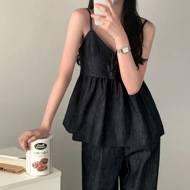 

Summer Vintage V-Neck Denim Halter Top High Waist Wide Leg Pants Two-Piece Set Casual Style Female Fashion Ensemble