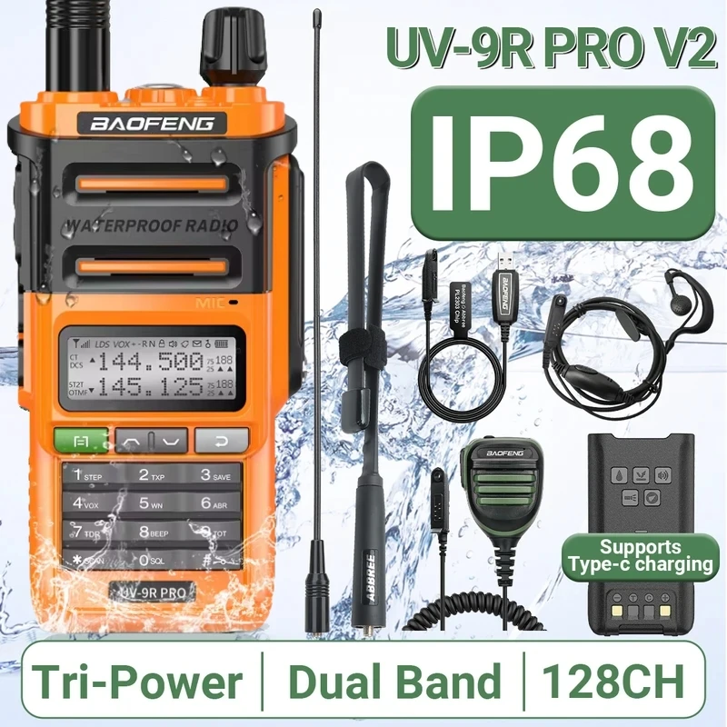 Baofeng UV-9R Pro V2 Walkie Talkie Водонепроницаемое зарядное устройство IP68 Type-C VHF/UHF Ham Radio 50 км Обновление дальнего действия UV-9R Plus