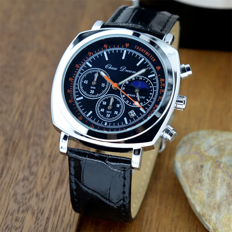 

Quartz Watch for Man with 42mm Diameter 11mm Thickness Multi Function Timing Dial Independent Minute and Second Leather Strap