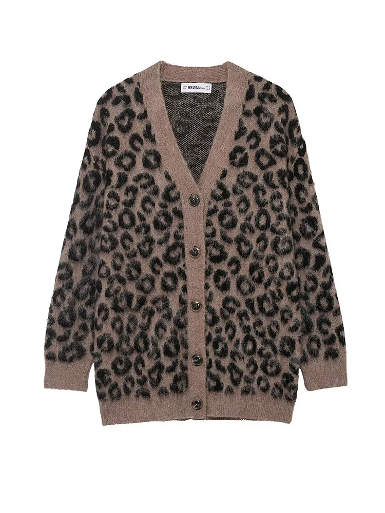 

HH Women Fashion Leopard Print Cardigans Autumn Women V-Neck Knitted Cardigan Chic Loose Single Breasted Long Sleeve Top