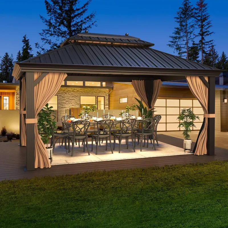 

12'x16' Hardtop Gazebo Double Roof Galvanized Steel Canopy Outdoor Aluminum Frame Permanent Metal Pavilion with Netting