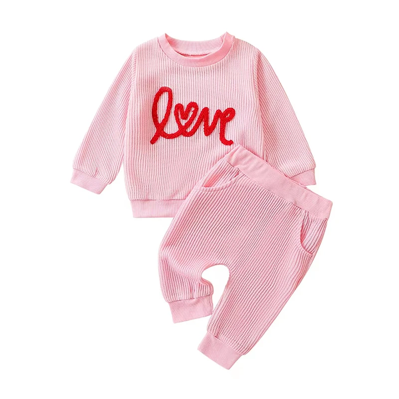 

3-24M Newborn Baby Girl 2Pcs Valentine’s Day Outfits Long Sleeve Letter Embroidery Sweatshirt + Pants Set Toddler Clothes