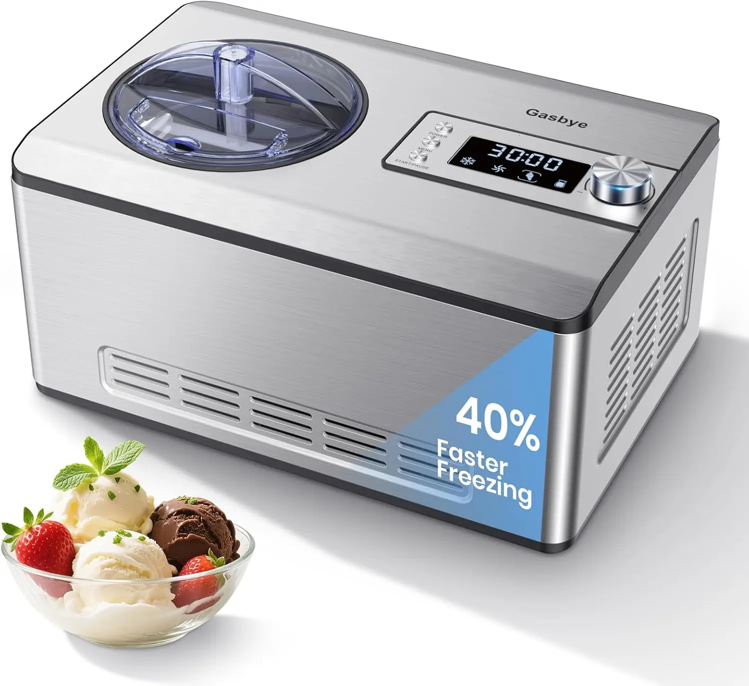 

Ice Cream Maker with Upgraded Compressor 40 Faster Freezing No Pre Freezing Needed LED Display 2 1 Qt Capacity Easy Operation