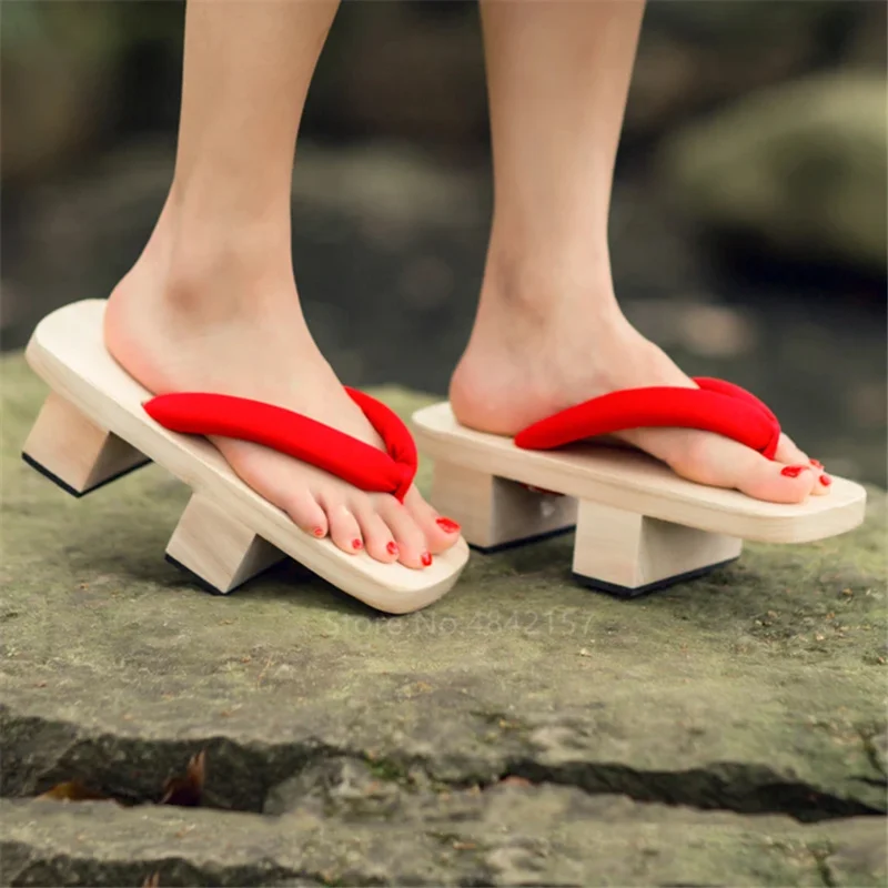 Anime Cosplay Shoes Woman Log Paulownia Wooden Japanese Traditional Geta Clogs Slippers Shoes Flip Flops Outdoor Beach Sandals