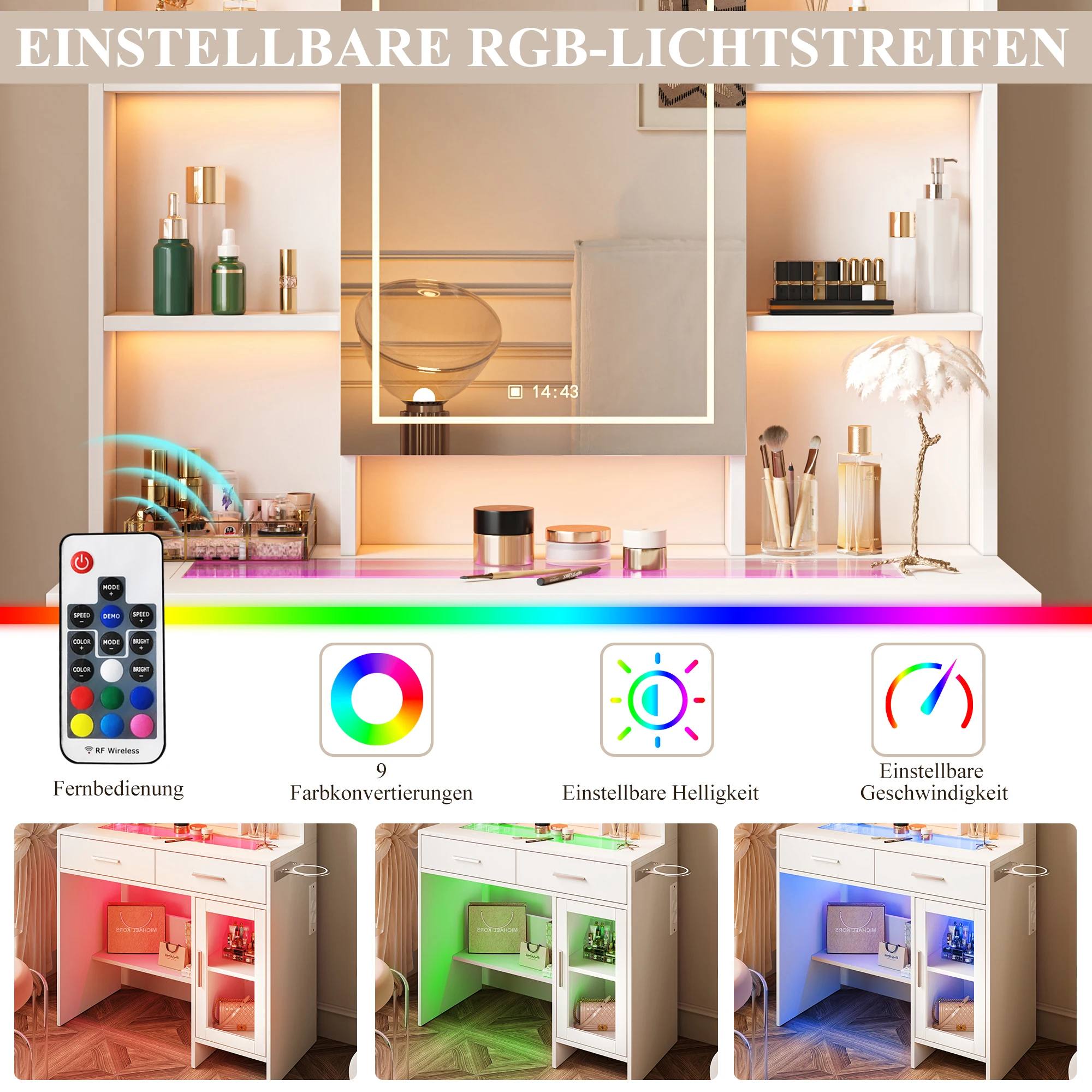 Rosahqnda LED-Beleuchtung Schminktisch mit einstellbarer Helligkeit Schminktisch mit Spiegel Kosmetiktisch mit Schubladen – Detail 11