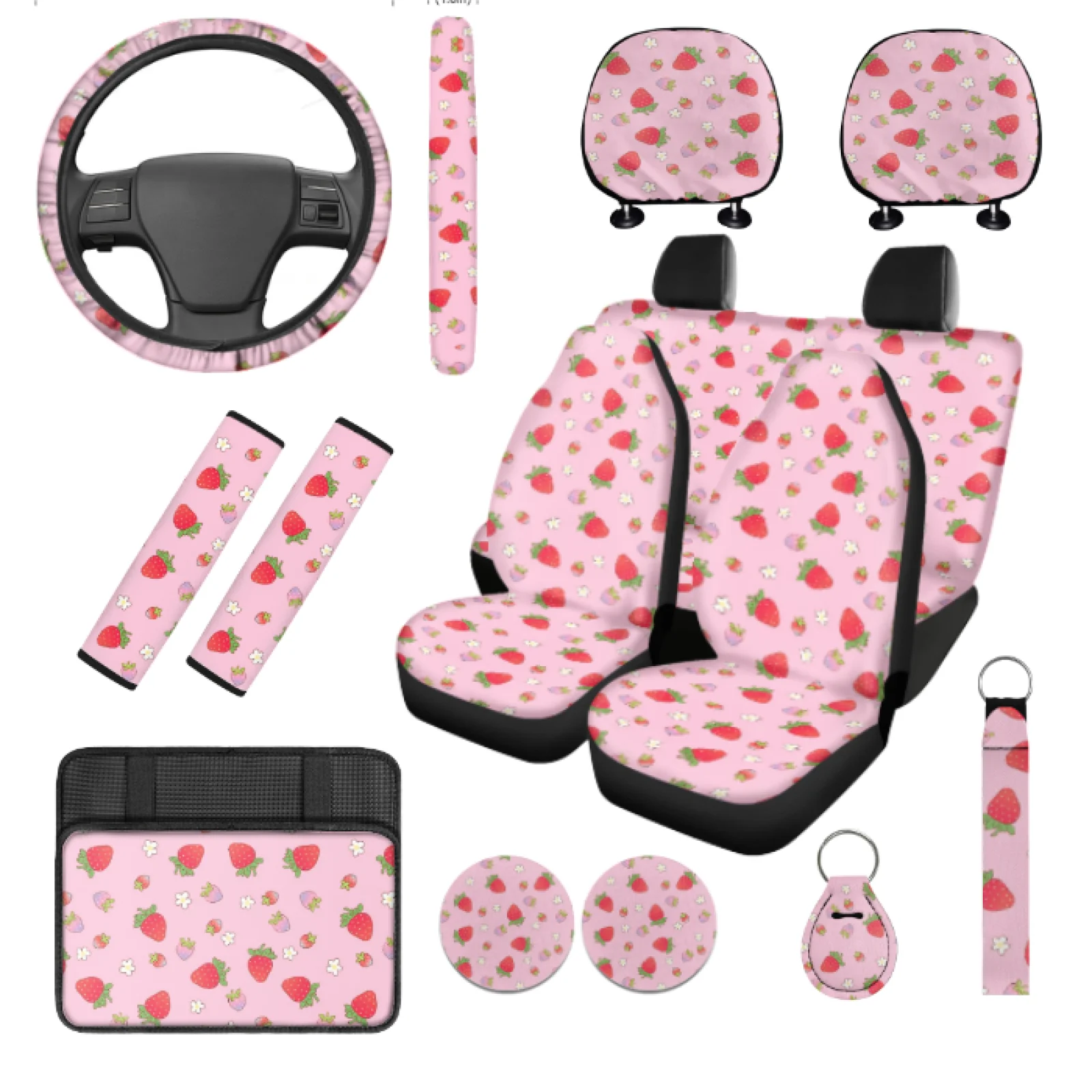 Coloranimal Strawberry Flower 14 Pieces Car Accessories Set with Comfortable Steering Wheel Cover and Cars Headrest Cover