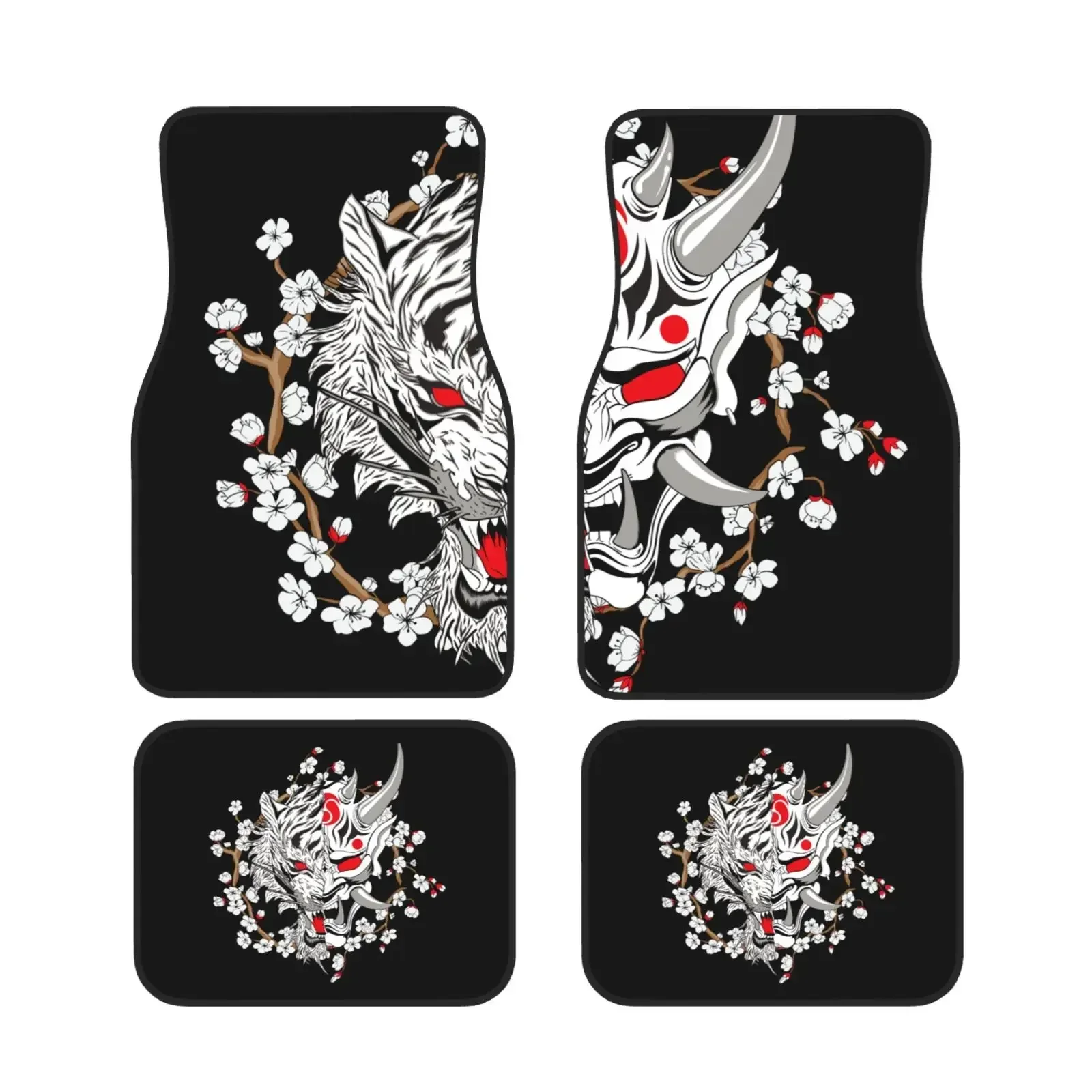 Japanese Oni mask and Tiger Car Floor Mats Black Front and Back All-Weather Car Mats 4PCS Car Accessories Courage and Strength