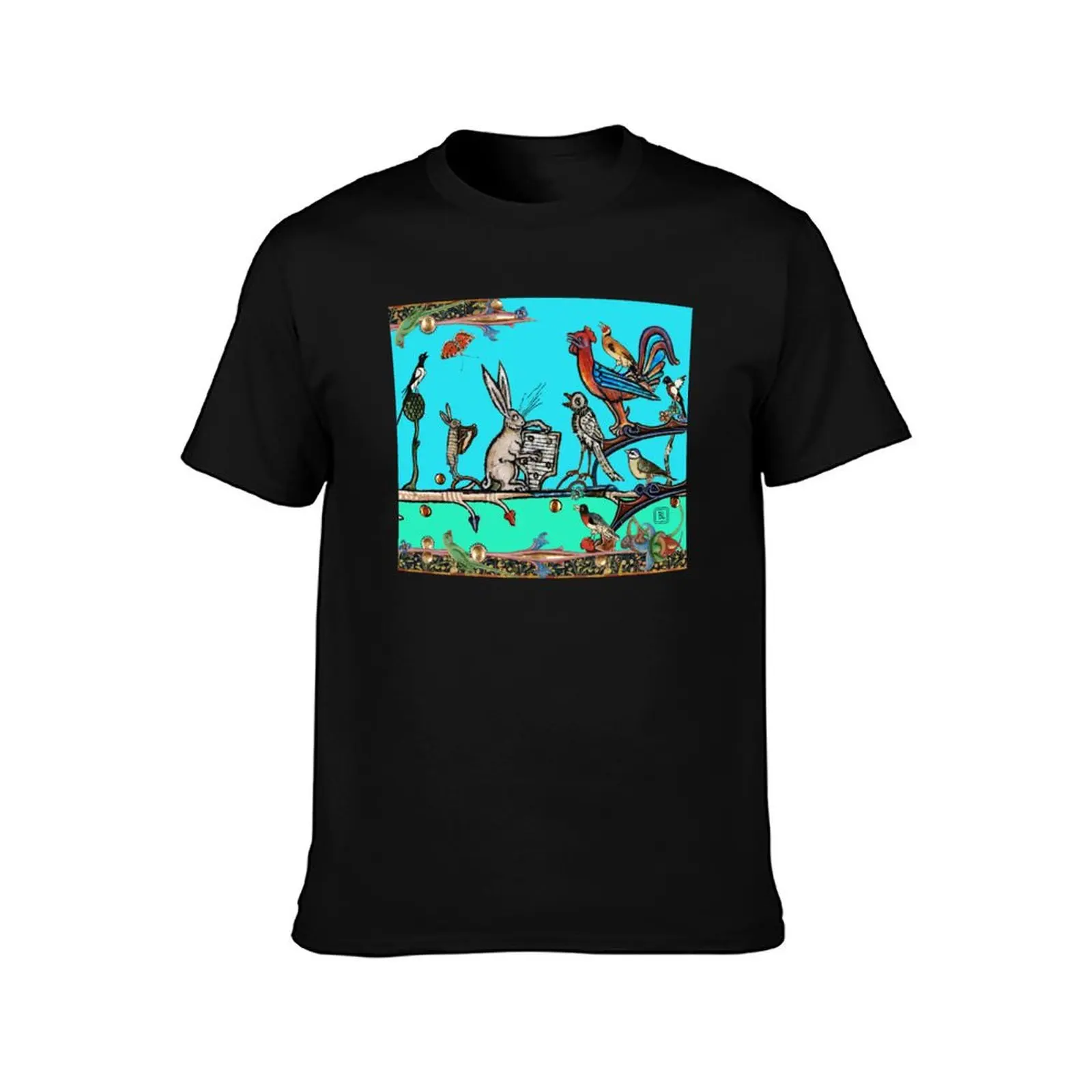 WEIRD MEDIEVAL BESTIARY MORNING MUSIC CONCERT OF RABBITS AND BIRDS IN TEAL BLUE by Bulgan Lumini T-Shirt