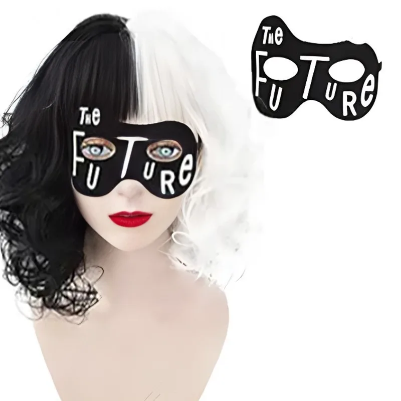 Film Nero Bianco Strega Crudelia Cosplay Donna Capelli ricci simulati Halloween Masquerade Parrucca piena Capelli di seta ad alta temperatura