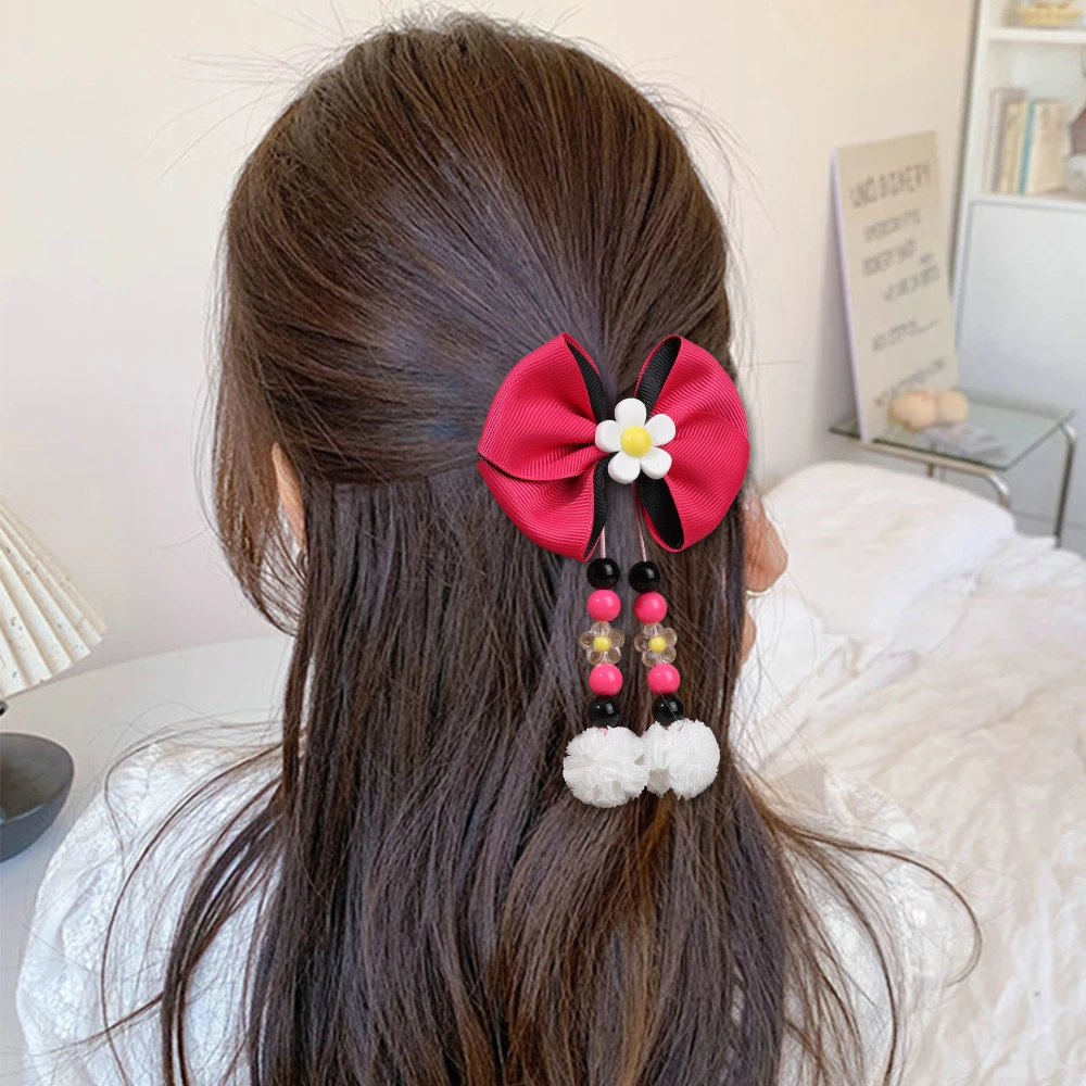 ncmama 2PCS Women Girls Ribbon Flower Hair Clips Tassel Pendant Bow Hairpins Cherry Barrettes Plaid Hairgrips Hair Accessories