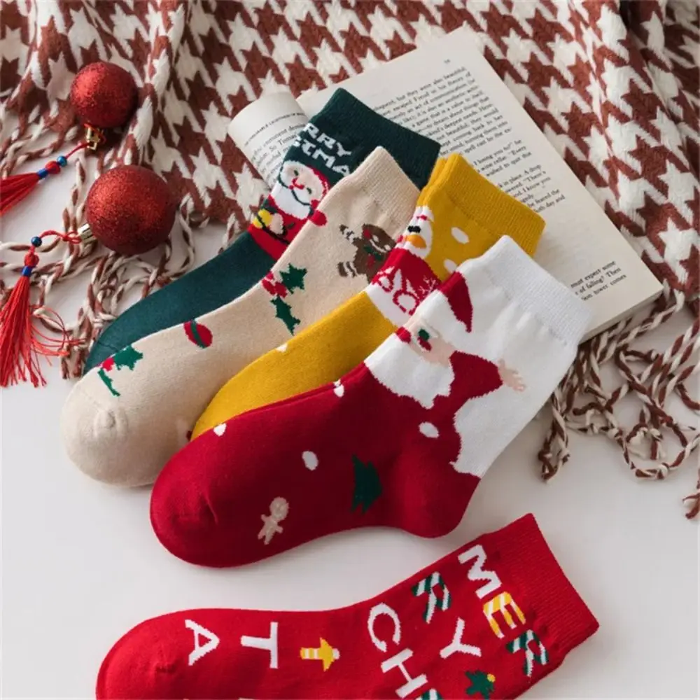 5 Pair Harajuku Cotton Children Christmas Socks Elk Snowman Cartoon Hosiery Cloth Accessories Korean Style Mid-Tube Socks Women